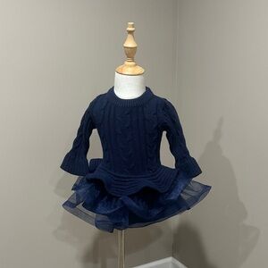 Navy Blue Cable Knit Dress with Tulle Skirt